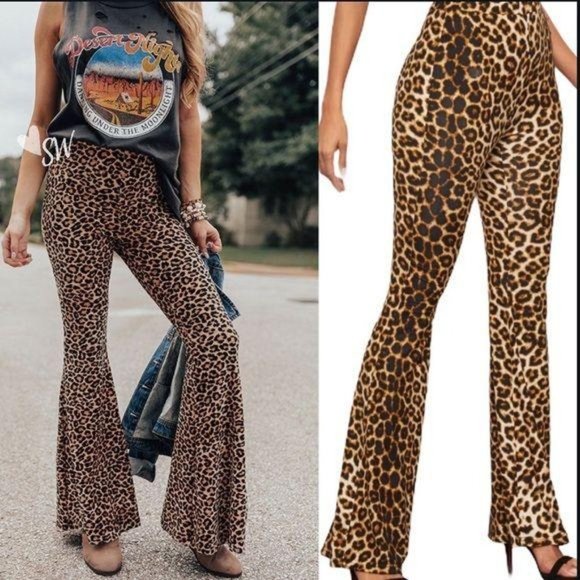 Pants - high waist leopard print flared wide leg pants